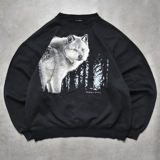 1990s Harlequin Nature Graphics Black Wolf Sweater - M sullivansvintage