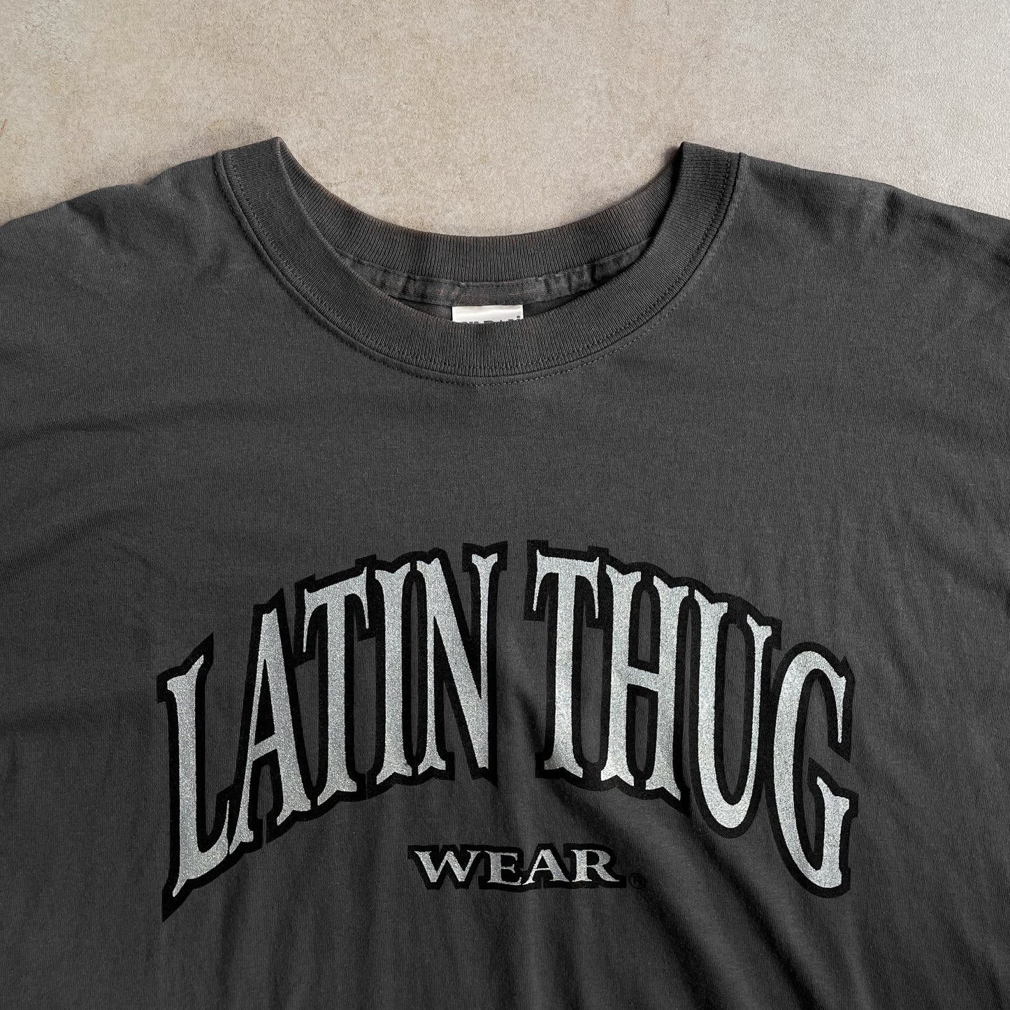 2000s Latin Thug Wear Grey Logo Tee - 2XL sullivansvintage
