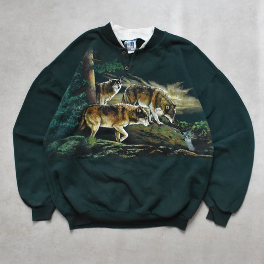Vintage Art Unlimited Sportswear Green Wolf Graphic Sweater - XL sullivansvintage