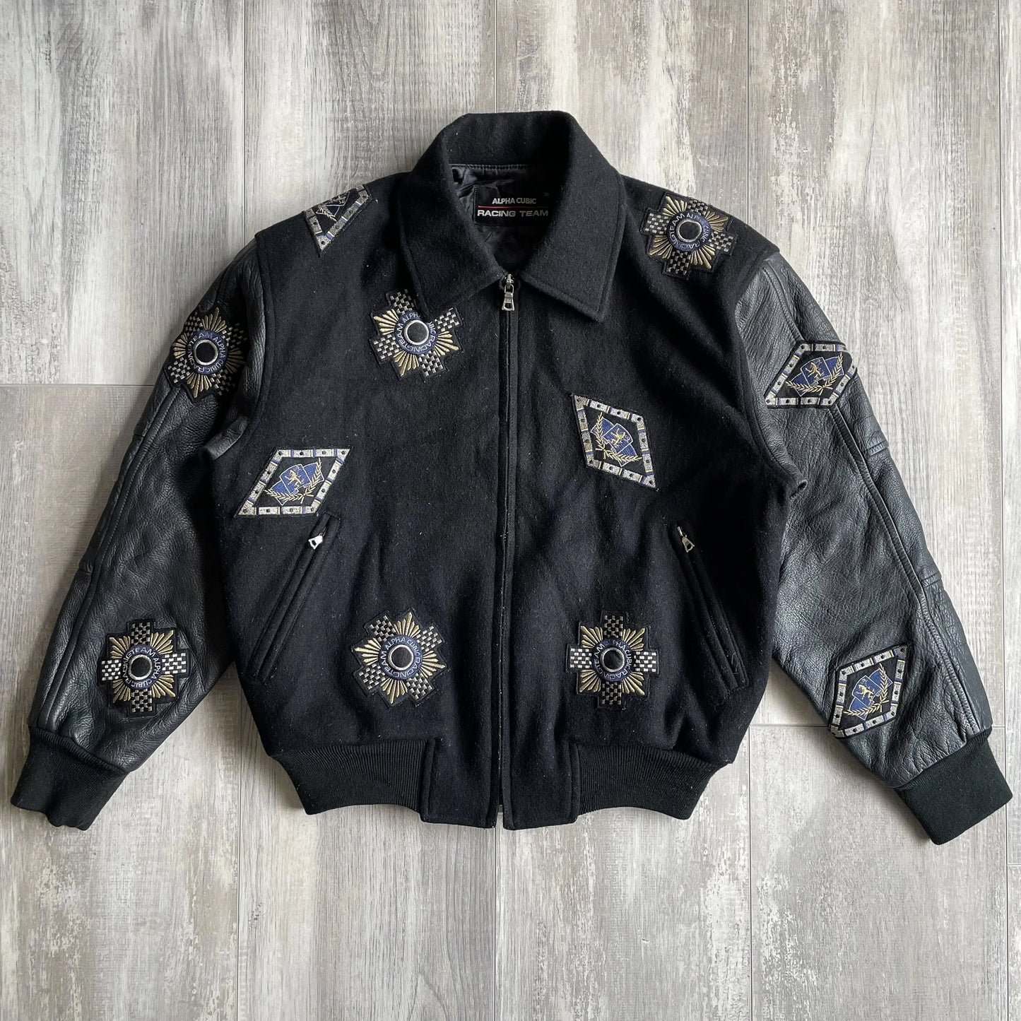 1980s Alpha Cubic Racing Team Multi Patch Black Racing Jacket - S sullivansvintage