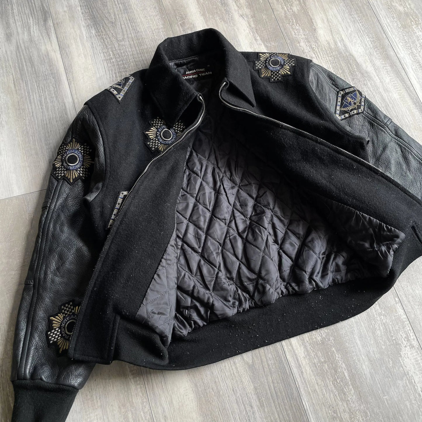 1980s Alpha Cubic Racing Team Multi Patch Black Racing Jacket - S sullivansvintage