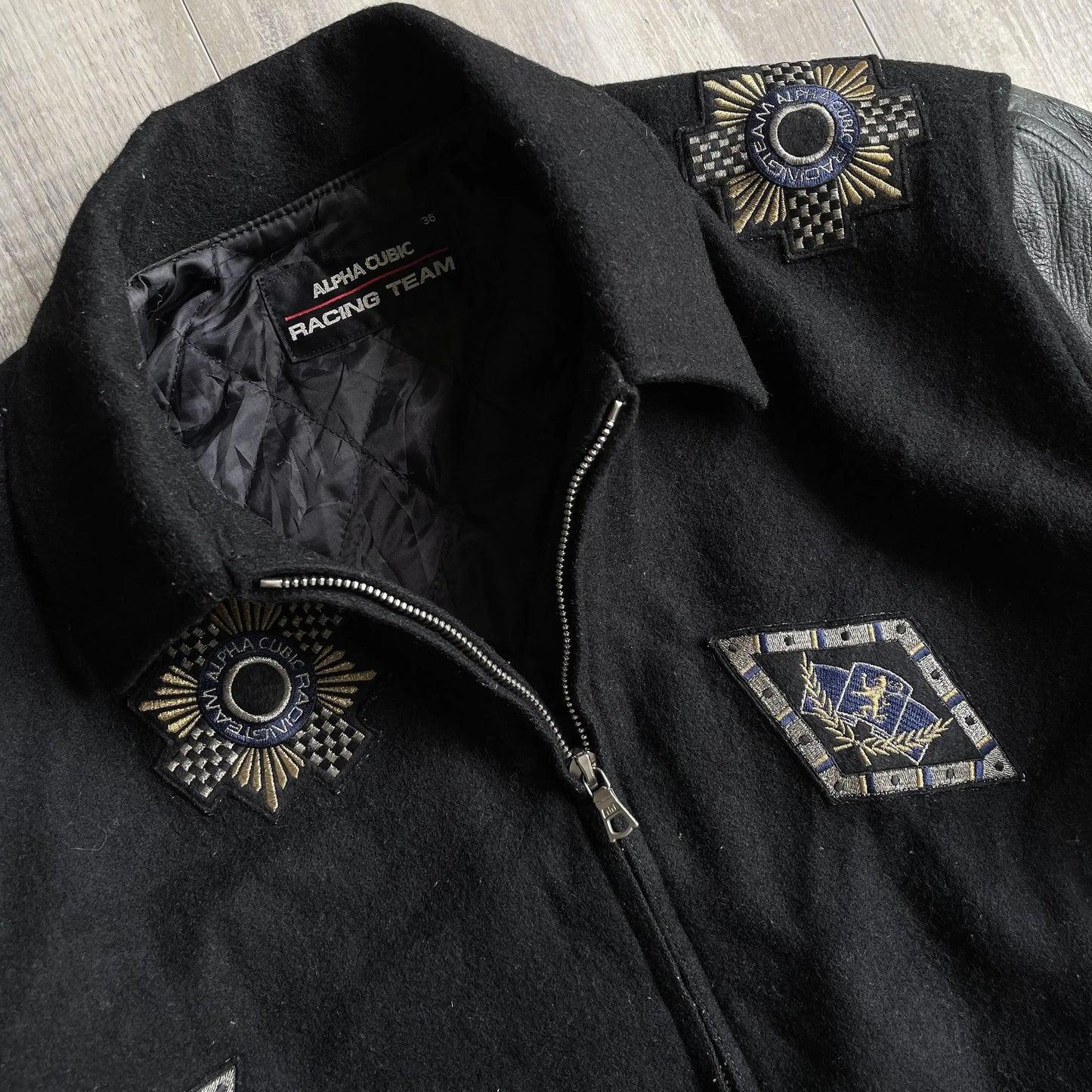 1980s Alpha Cubic Racing Team Multi Patch Black Racing Jacket - S sullivansvintage