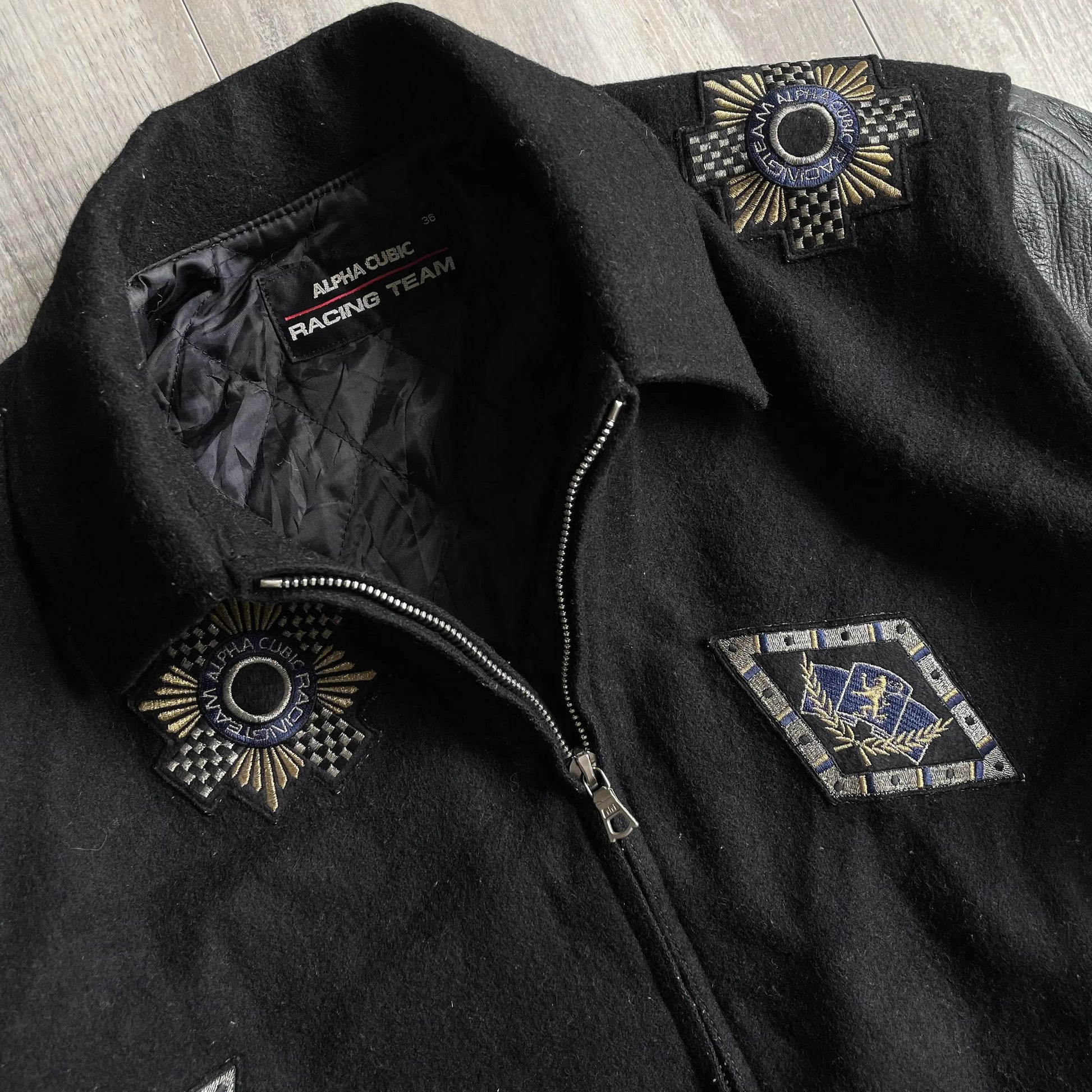 1980s Alpha Cubic Racing Team Multi Patch Black Racing Jacket - S sullivansvintage